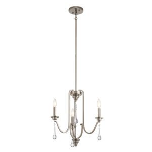 Quintiesse QN-KARLEE3 Karlee 3 Light Stylish Ceiling Chandelier In Classic Pewter With Crystal Glass Droplets