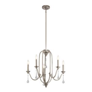 Quintiesse QN-KARLEE5 Karlee Stylish 5 Light Ceiling Chandelier In Classic Pewter With Crystal Glass Droplets