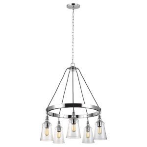 Quintiesse QN-LORAS5 Loras 5 Light Industrial Chandelier In Polished Chrome With Seeded Glass