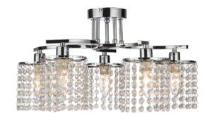 Modern 5 Way Crystal Droplet Ceiling Chandelier in Chrome – LED Compatible