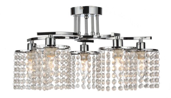 Modern 5 Way Crystal Droplet Ceiling Chandelier in Chrome - LED Compatible