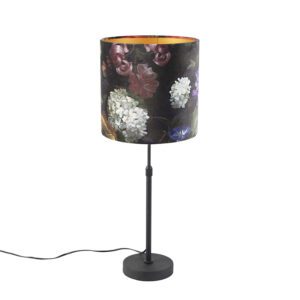 Table lamp black with velor shade flowers with gold 25 cm – Parte