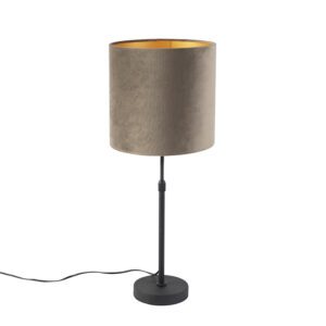 Table lamp black with velvet shade taupe with gold 25 cm – Parte