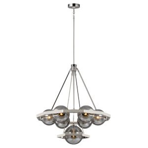 Quintiesse QN-HARPER7 Harper 7 Light Industrial Ceiling Chandelier In Polished Nickel With Smoked Glass