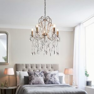 Antoinette 5 Light Ceiling Chandelier In Aged Brass Finish With Clear Glass Droplets