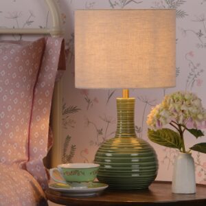 Laura Ashley Padley Green Ceramic Table Lamp In Antique Brass With Oatmeal Shade LA3756231-Q