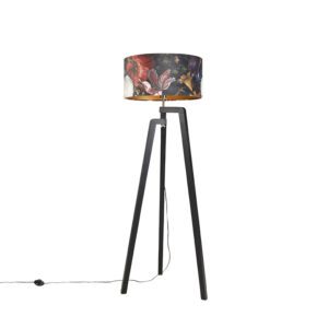 Tripod floor lamp black with shade floral design 50 cm – Puros